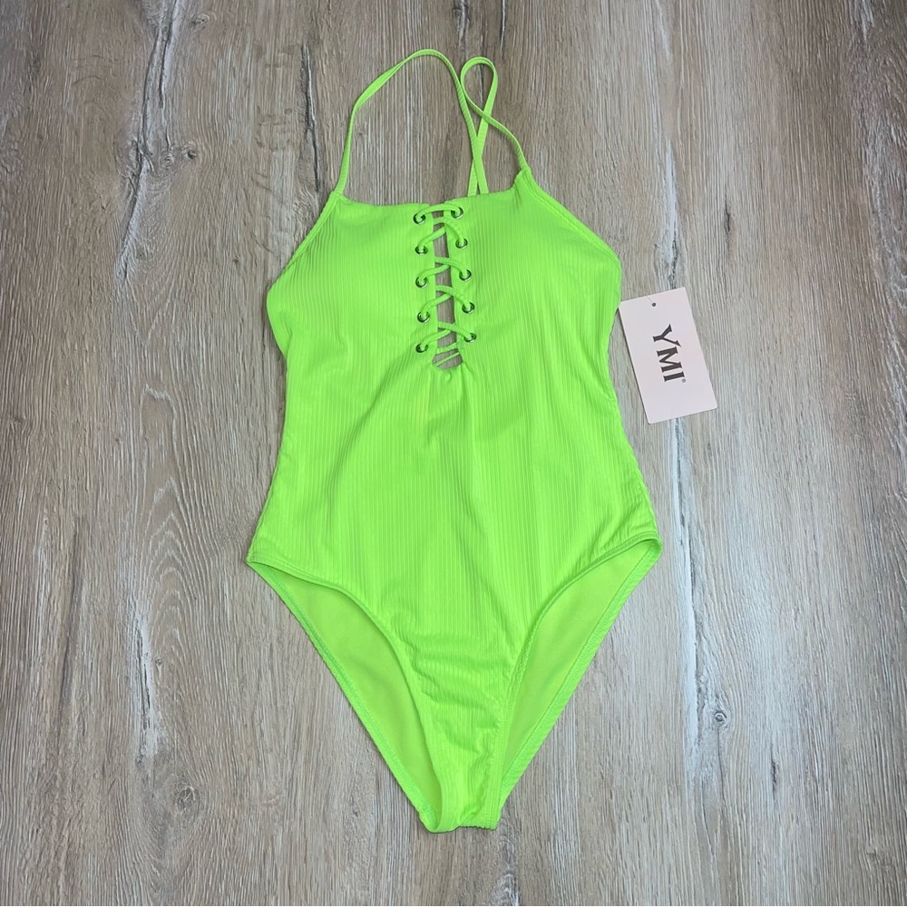 YMI Women’s Small Swimsuit Lacy 1 Piece Lime Punch Beach Nautical Vacation Y2K